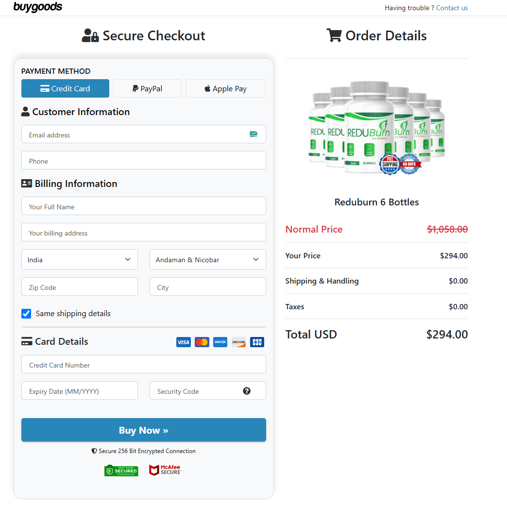 ReduBurn Order Page